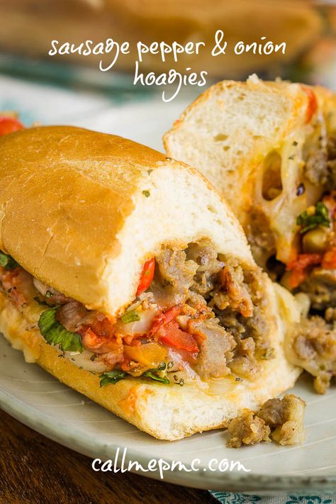 Sausage Pepper Onion Hoagies a delicious, hearty 30-minute meal! Italian sausage, onions, peppers, tomato sauce, and lots of mozzarella make this sandwich a family favorite. #sausage #sandwich #Italian #hoagie #pizza #pizzasandwich #pizzahoagie #pepeprs #onions #Italiansausage #easy #20minute #recipe #marinara Hoagie Pizza, Hoagies Recipe, Sausage Sandwich Recipes, Sausage And Peppers Sandwich, Sandwich Italian, Italian Sausage Sandwich, Italian Hoagie, Sausage Sandwich, Sausage Peppers And Onions