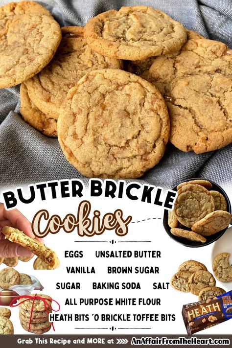 Butter Brickle cookies stacked on a gray towel. Brickle Cookies, Cold Butter Cookies, Butter Crisp Cookies, Sugar Butter Cookies, Butter Brickle Cookies, Butter Brickle Cake, Brown Butter Chocolate Chip Toffee Cookies, Toffee Bit Cookie Recipes, Cookies Using Toffee Bits