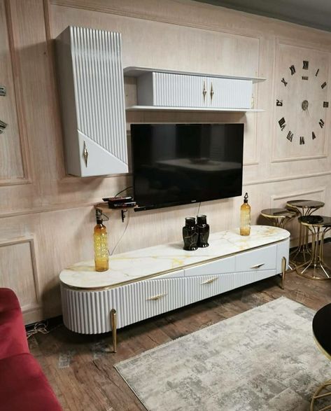 Tv Cabinet Design Modern, Flower Chair, Led Unit, Center Table Living Room, Affordable Bedroom, Sitting Room Design, Tv Stand Decor, Tv Unit Interior Design, Wall Tv Unit Design