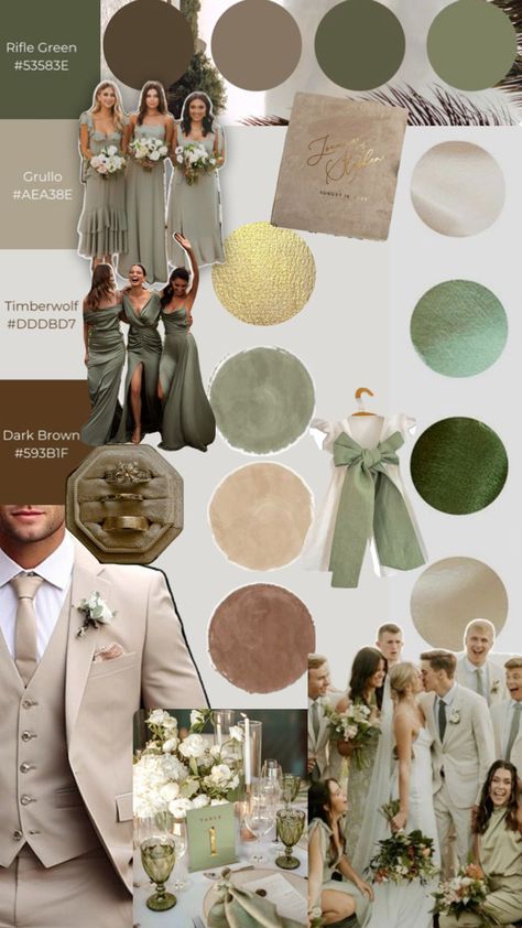 Champagne Wedding Colors Scheme, Green Brown Wedding, Brown Wedding Themes, Green Fall Weddings, Green Gold Weddings, Champagne Wedding Colors, Winter Wedding Color Palette, Taupe Wedding, Olive Green Weddings