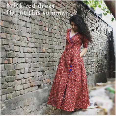 187 Likes, 2 Comments - C H A R K H E E (@charkheethelabel) on Instagram: “flaunt your candid style in our brick red wrap dress #charkheewomencollection #purecotton…” Long Cotton Dress, Trendy Kurti, The Secret Label, Red Wrap Dress, Casual Frocks, Cotton Gowns, Frock Fashion, Simple Kurti Designs, Long Kurti Designs