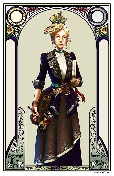 The Steampunk Artist - Framed by ghostfire on DeviantArt Art Nouveau Portrait, Steampunk Kunst, Character Bio, Art Steampunk, Bio Ideas, Dress Art, Neo Victorian, Modest Dress, Steampunk Costume