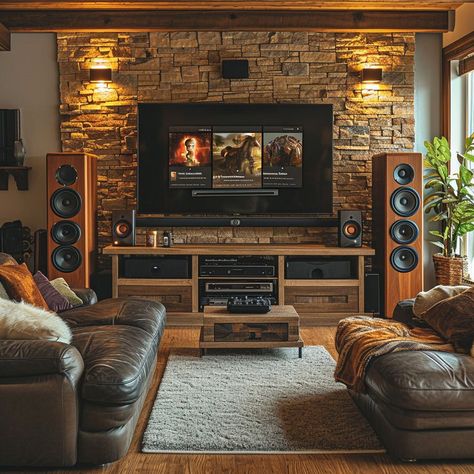 Cozy living room with leather sofas, entertainment system, flat-screen TV, and stone accent wall. Warm earth tones and soft lighting create a comfortable and inviting atmosphere. Basement Tv Rooms, Stone Accent Wall, Industrial Chic Interior Design, Stone Accent Walls, Tips Design, Home Cinema Room, Basement Living Rooms, Interior Design Sketch, Stylish Interior Design