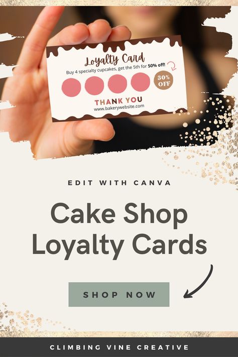 Keep your customers coming back for more with a DIY loyalty card! It's easy to edit in Canva, a free online design tool. The chocolate rewards card design will up your bakery branding game. Drop in your bakery logo, and customize the fonts and colors to match your brand. Whether you create cookies, cupcakes, or other sweet treats, a professionally designed loyalty punch card is a great investment for your bakery business. Loyalty Punch Card, Business Bakery, Specialty Cupcakes, Free Design Elements, Bakery Branding, Bakery Logo, Bakery Business, Business Templates, Loyalty Card