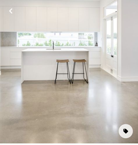 Kitchens With Polished Concrete Floors, White Kitchen Concrete Floor, Polished Concrete Floor Basement, Tan Concrete Floors, Concrete Floors In Kitchen, Stained Concrete Floors In House, Concrete Floors Bathroom, Concrete Floors Farmhouse, House Concrete Floor