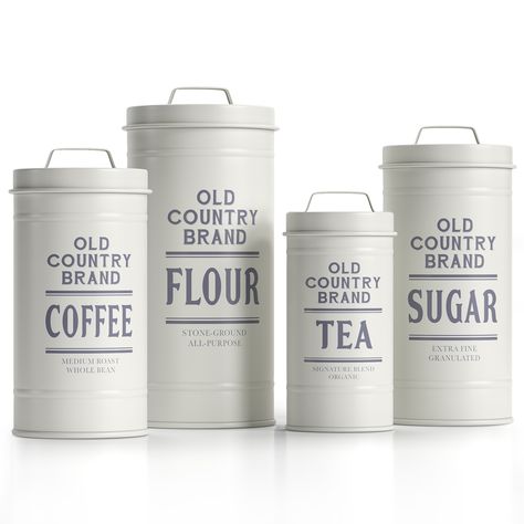 Sugar Flour Containers, Farmhouse Canister Set, Farmhouse Canisters, Kitchen Canister Set, Metal Canisters, Jars With Lids, Diy Dollar Tree Decor, Rustic Farmhouse Kitchen, Tea Storage