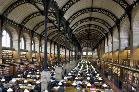 Henri Labrouste (French, 1801-1875). Bibliothèque Sainte-Geneviève, Paris, 1838-1850. View of the reading room. Bibliothèque Sainte-Geneviève. Photograph: Michel Nguyen. Henri Labrouste, Charles Garnier, Room Photo, Modern Library, Architecture Books, Roman Architecture, Architecture History, Boston Public Library, Modern City