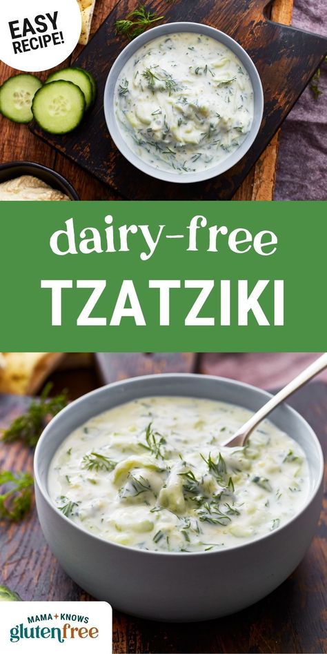 This Gluten Free Dairy Free Tzatziki is a refreshing dip made with tangy vegan yogurt and fresh ingredients. Perfect for snacking, dipping, or drizzling over your favorite dishes! Pop over to my site for this easy dairy free sauce recipe! Dairy Free Sauce Recipes, Dairy Free Tzatziki, Dairy Free Sauce, Greek Tzatziki Recipe, Mama Knows Gluten Free, Greek Tzatziki, Tzatziki Recipe, Gluten Free Pita, Dairy Free Dips