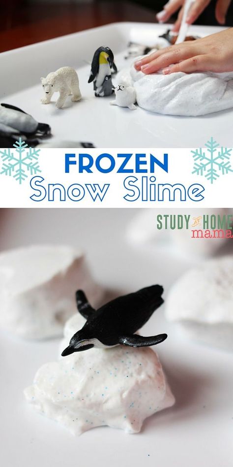 FROZEN Snow Slime - two great sensory play materials in one! Make sparkly snow slime and then freeze it for a fun adventure in texture, temperature, and Arctic sensory play. Arctic Vbs, Frozen Slime, Arctic Animals Preschool, Snow Slime, Study At Home, Frozen Snow, Snow Theme, Polar Animals, Winter Preschool