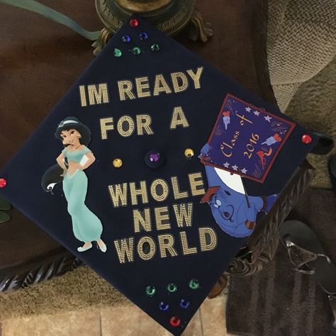 My Aladdin inspired graduation cap! Aladdin Graduation Cap, Graduation Cap Designs Disney, Graduation Cap Diy, Quotes For Graduation Caps, Graduation Designs, Disney Graduation Cap, Graduation Hats, Disney Graduation, College Grad Cap Ideas