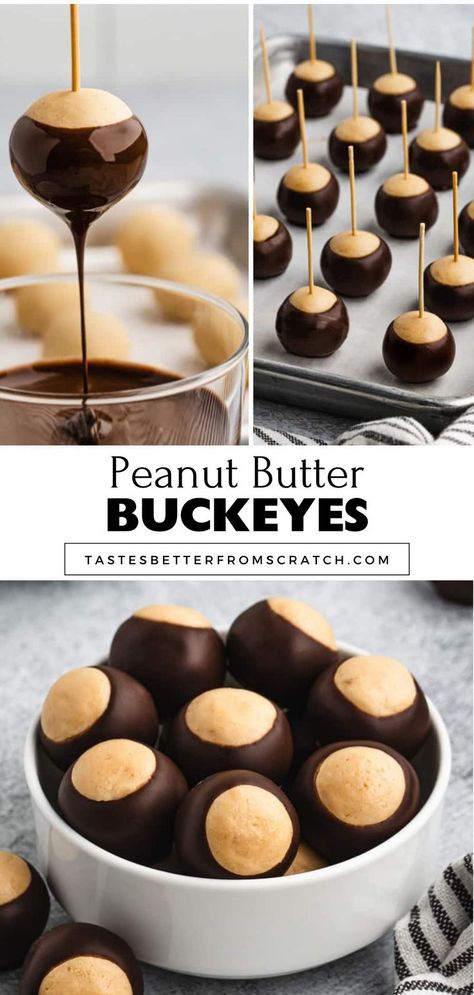 Homemade Buckeyes, showcasing peanut butter and chocolate candy. Best Buckeyes Recipe, Easy Buckeye Recipe, Christmas Sweets Easy, Buckeye Recipe Easy, No Bake Peanut Butter Balls, Buckeye Recipe, Xmas Cookies Recipes, Peanut Butter Buckeyes, Buckeyes Recipe