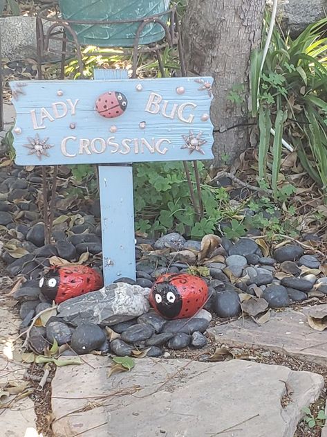 Here's my Lady Bug Crossing sign. Ladybug Crossing, Crossing Sign, Lady Bug, Garden Art, Front Yard, Bugs, Outdoor Decor, Home Decor, Art