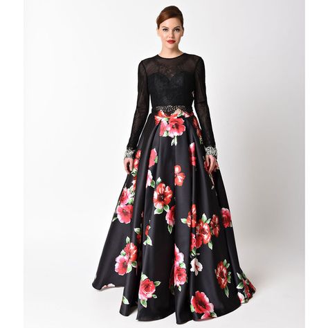 Black Floral Print Long Sleeve Two Piece Gown ($326) ❤ liked on Polyvore featuring black, floral two piece, plus size two piece, sexy two piece and lace two piece Plus Size Velvet Dress, Floral Prom Dress Long, Prom Dresses Long Modest, Holiday Party Outfit Ideas, Two Pieces Dress, Party Outfit Ideas, Two Piece Gown, Floral Prom Dresses, Long Frocks