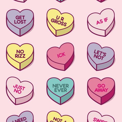 Anti-Valentine's Day Conversation Candy Love Hearts Print Are you not a fan of Valentine's Day?❤️ . A3 Print available on Etsy - Link in Bio Follow @hixonstickershop . . . #valentinedaygift #lovecandy #antivalentinesday #boudoir #sweethearts #breakupday #illustrator #artprintsforsale #etsyuk #etsyshopping #instart #hixonstickershop Anti Conversation Hearts, Love Heart Sweets Illustration, Candy Hearts Illustration, Anatomical Heart Valentine, Anti Love Aesthetic, Valentine Graphic Design, Vintage Valentines Aesthetic, Anti Valentines Day Party, Valentines Flash