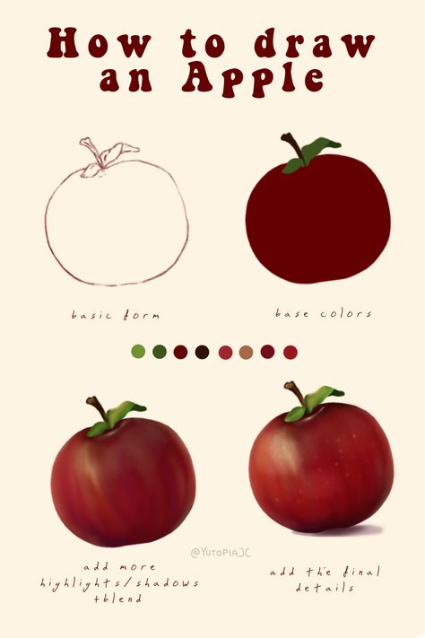 How to draw an Apple Drawing Tutorial Digital Art, Drawing Of An Apple, Drawing Tutorial Digital, Draw An Apple, Apple Drawing, Drawing Techniques, Art Stuff, Follow Me On Instagram, Drawing Reference