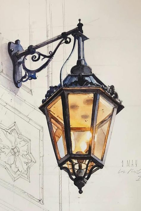 Watercolour Architectural Drawings, Lamp Post Painting Watercolor, Lamppost Sketch, Bakery Illustration Drawings, Lantern Watercolor Painting, Anime Lantern, Architecture Painting Acrylic, Street Light Drawing, Lantern Reference