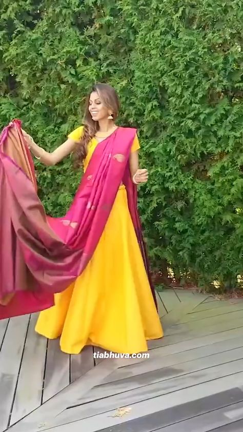 Where would you wear this look? 💕 Suit Design From Saree, Skirt Saree Drape, Lehenga Skirt Designs, Saree As Lehenga Drape, Saree With Skirt, Saree Hacks, Tia Bhuva, Saree Silhouette, Cancan Skirt