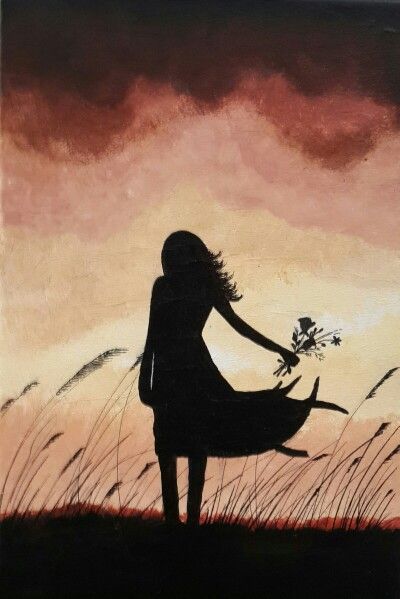 Shadow Painting of a wind blown lady in a field during sunset. Silhouette Painting Acrylic Easy, How To Paint A Silhouette Person, Person Shadow Drawing, Silloettes Art Women, Shilluete Art, Shadow Painting Silhouettes, Silouttes Art Painting, Sillhoute Painting, Shilloute Art