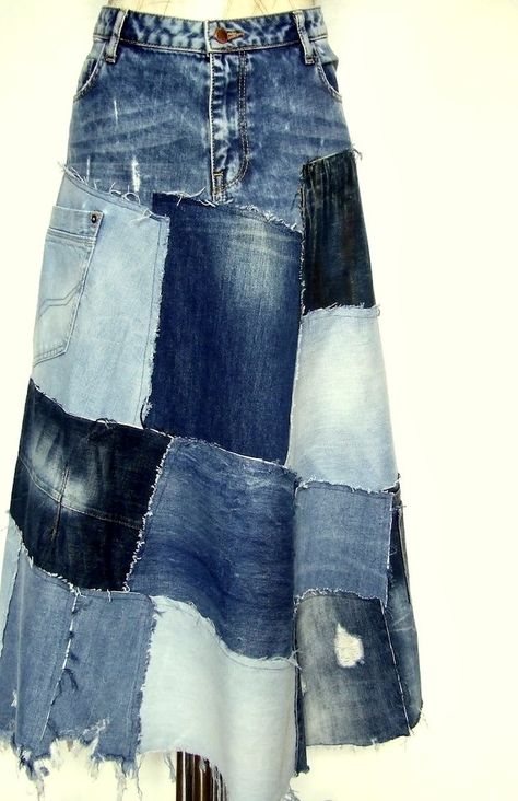 Upcycled Denim Skirt, Diy Denim Skirt, Denim Diy Clothes, Ropa Upcycling, Patchwork Denim Skirt, Skirt Asymmetrical, Denim Crafts Diy, Repurposed Denim, Upcycle Clothes Diy