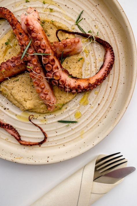 Octopus Dishes, Chickpea Puree, Octopus Recipes, Cooking Icon, Seafood Menu, Grilled Octopus, Seafood Stew, 2023 Pink, Restaurant Dishes