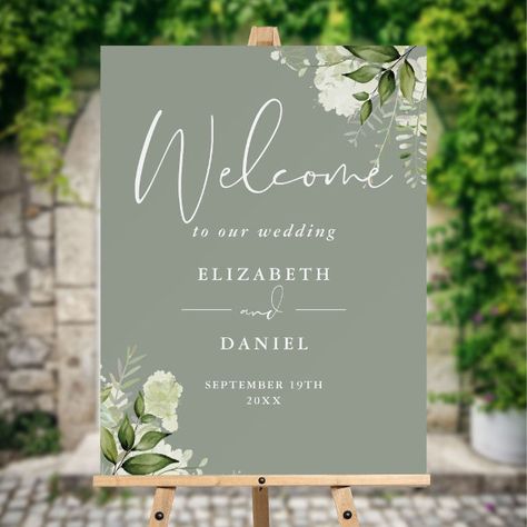 Sage Green Floral Wedding Welcome Sign Sage Green Floral Wedding, Green Floral Wedding, Rustic Floral Wedding, Chic Typography, Olive Green Weddings, Floral Wedding Invitation Suite, Country Garden Weddings, Sage Green Floral, Green Themed Wedding