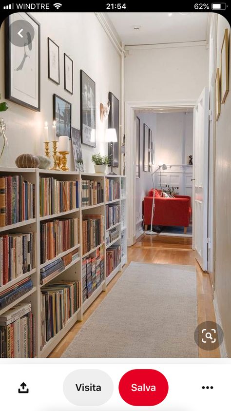 Long Hallway Decorating Narrow, Fancy Bedroom, Apartment Deco, Long Living Room, Hall Room, Bookshelves In Living Room, Living Room Redo, Home Library Design, Living Room Spaces