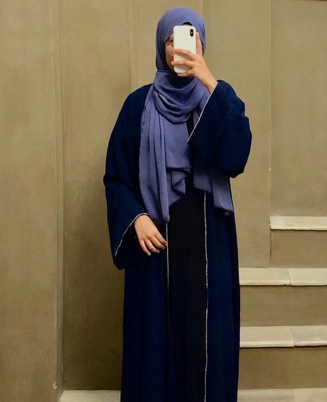 Navy blue abaya with a bit of sparkle, paired with a navy blue chiffon scarf💙 #islam #modest #hijab #hijabifashion #modestfashion Navy Blue Abaya Design, Navy Blue Abaya, Blue Abaya, Modest Hijab, Abaya Outfit, Navy Blue Shirts, Abaya Designs, Belated Birthday, Chiffon Scarf