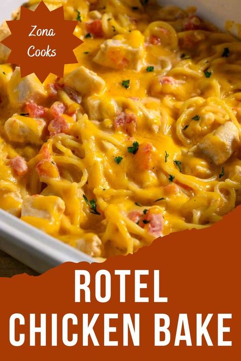 Rotel Chicken Bake Chicken With Rotel Recipes, Chicken Rotel Spaghetti, Chicken Rotel Recipes, Rotel Spaghetti, Easy Chicken Bake, Chicken Rotel, Rotel Chicken, Bake Pasta, Rotel Recipes