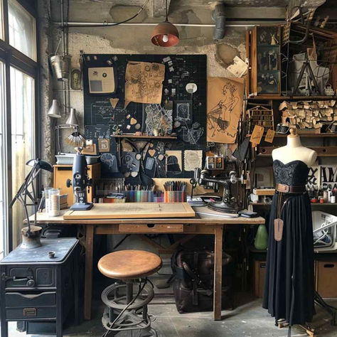 23 Crafting Havens: Crafting amidst the Dusk of Industry Shadows Aesthetic Craft Room Ideas, Goth Art Studio, Cool Art Studio, Victorian Craft Room, Industrial Craft Room, Art Shop Aesthetic, Craft Room Design Inspiration, Creative Space Ideas, Fashion Design Room