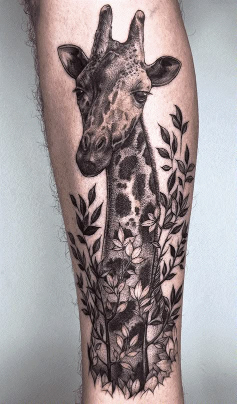 Giraffe Back Tattoo, Leg Sleeve Tattoo Animals, Ladies Leg Sleeve Tattoo, Giraffe Sleeve Tattoo, Floral Giraffe Tattoo, Jungle Animals Tattoo, Giraffe Leg Tattoo, Animal Leg Sleeve Tattoo Women, Jungle Tattoo Sleeve Women