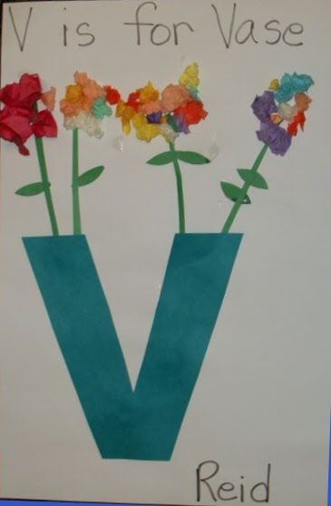 preschool V crafts | Our flowers were made from tissue paper scraps that we wadded up and ... Letter V Crafts, Preschool Letter Crafts, Abc Crafts, Alphabet Letter Crafts, Preschool Projects, Alfabet Letters, Valentine's Week, Alphabet Crafts, Vase Crafts