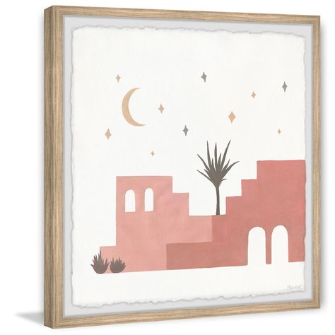 Designed to evoke wanderlust, this simple print features a pink house in the desert below a starry night sky. Proudly printed in the USA, this piece is printed on high quality archive paper and professionally hand-framed. House In The Desert, Castle Pictures, Bible Prints, A Starry Night, Pink House, Starry Night Sky, Pink Houses, Framed Painting, Simple Prints