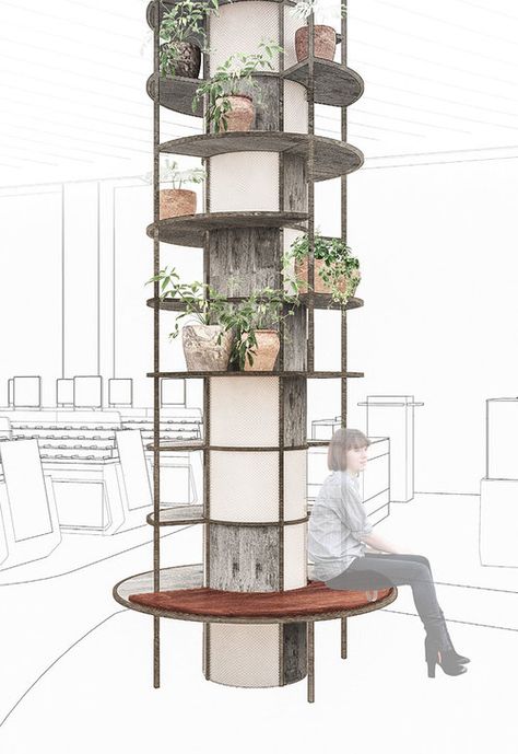 Design concept for TAX FREE by Heinemann (CPH Airport) — Johannes Torpe Shelves On Column, Shelving Around Column, Structural Column Design Living Rooms, Architectural Column Design, Minimalist Column Design, Columns Design Ideas, Pillar Storage Ideas, Collums Interior Modern, Column Shelf Design