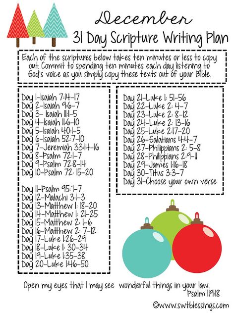 This article is part of a feed from December – 31 Day Scripture Writing Plan, it is best to read it in its full there. This is the December - 31 Day Scripture Writing Plan by Sweet Blessings. You can take 31 Days and write down those verses for that day.  #Bgbg2 The post December – 31 Day Scripture Writing Plan appeared first on Courageous Christian Father. Read the full article at December – 31 Day Scripture Writing Plan ©2004-2019 by Steve Patterson of Courageous Christian Fa December Scriptures, Scripture Writing Plan, Christmas Scripture, Scripture Writing Plans, Scripture Writing, Quotes Arabic, Writing Plan, Bible Time, Ayat Alkitab