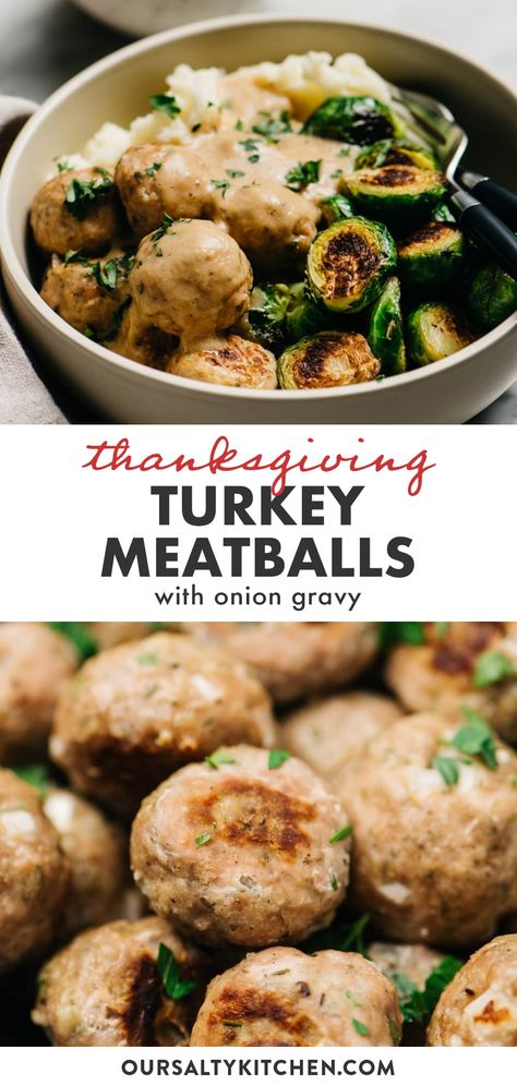 Craving comfort food, but want to keep it on the healthy side? Look no further than baked turkey meatballs. Ready in just 30 minutes, they're the ultimate kid friendly weeknight dinner. They're naturally dairy free and low carb, and gluten free friendly (just one substitution). Seasoned with thyme and sage, turkey meatballs are a quick and easy way to enjoy the flavors of Thanksgiving without all the fuss of a preparing a whole turkey. #meatballs #turkeymeatballs #healthyrecipes #thanksgiving Sage Turkey, Gluten Free Turkey Meatballs, Baked Turkey Meatballs, Meatballs And Gravy, Turkey Meatballs Baked, Whole Turkey, Baked Turkey, Onion Gravy, Caramelized Onion