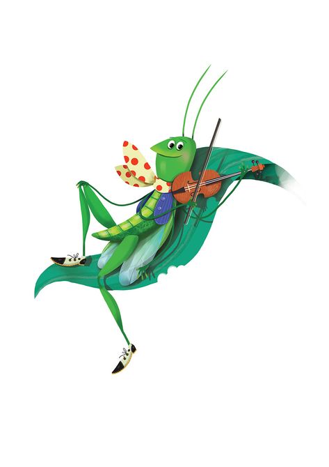 The Ant and the Grasshopper on Behance Grasshopper Character Design, Madeleine Tattoo, Ant Character Design, Grasshopper Illustration, Grasshopper Art, The Ant And The Grasshopper, Grasshoppers, Childrens Books Illustrations, Typography Poster Design