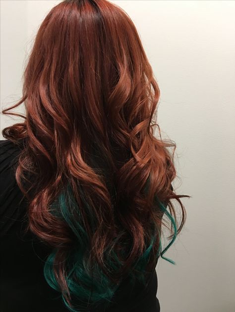 Red And Teal Hair Color, Auburn And Green Hair, Red And Green Peekaboo Hair, Natural Red Hair With Peekaboo Color, Auburn And Teal Hair, Ginger Hair With Blue Streaks, Natural Red Hair With Vivid Colors, Auburn Hair With Blue Highlights, Ginger With Purple Highlights