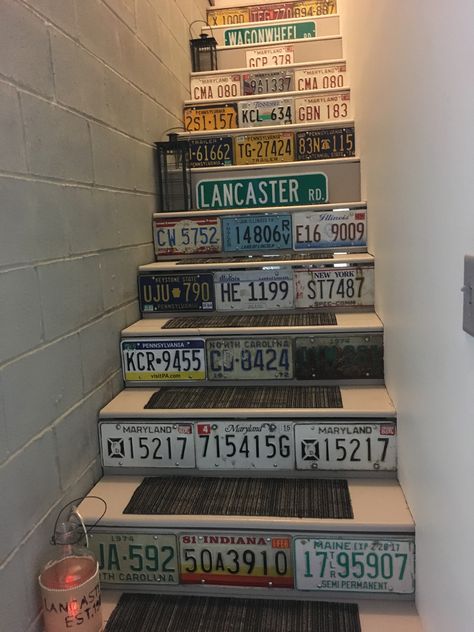 License Plate Art Ideas, Plate Art Ideas, Old License Plate Ideas, License Plate Wall Decor, Themed Airbnb, License Plates Diy, Indoor Staircase, License Plate Decor, License Plate Wall