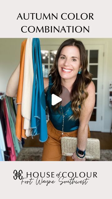 Fort Wayne Southwest | Abby Nagel | Color Analysis on Instagram: "Autumn Color Combination 🍁  Kingfisher, Amber, Beige (+ Gold & Cream)  This tank is my favorite!  Perfect for date night, girls’ night out, the office, and more!  It comes is several other colors. Wearing the XS in Teal Waters.   Shop this look and more in the LTK app under Abby Nagel Style! ✨ Clutch is S&D. Link in stories! Lip is #308 with clear gloss #58. 💄   #houseofcolourusa #hocautuumn #colorcombination #waystowear #fortwayneindiana #naturalingenue #wearcolor #livecolorfully #coloranalysis" Hoc Autumn Leaf Outfits, Autumn House Of Colour Outfits, House Of Color Autumn Outfits, House Of Colour Autumn Outfits, Beige Color Combinations Outfit, Autumn Colour Palette Clothes, House Of Color Autumn, Warm Autumn Color Palette Outfits, House Of Colour Autumn