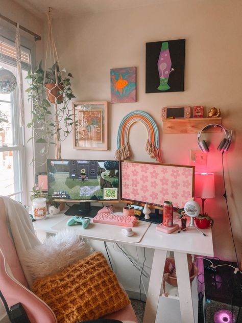 Small Streaming Desk, Artist Pc Setup, Gaming And Makeup Desk, Colorful Desk Setup, Small Gaming Setup, Two Monitor Desk Setup Office, Cozy Pc Setup, Cozy Gamer, Gaming Desk Setup