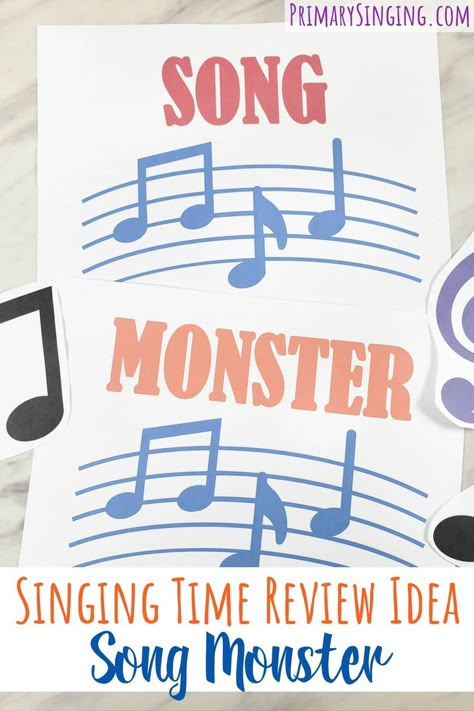 Create your very own song monster that you can use to review any primary song! There are so many fun ways to use this cute idea, including 'feed the monster music notes' and 'eat the song lyrics'! #LDS #Primary#Musicleader #Singingtime Reviewing Primary Songs, Singing Time Ideas Primary 2023, Primary Review Games, Primary Song Review Games, Singing Time Review Games, Wiggles Songs, Lds Primary Chorister Ideas, Lds Primary Songs, Singing Time Ideas