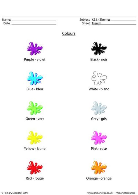 PrimaryLeap.co.uk - French colours Worksheet Free Kindergarten Worksheets, Colors In French, Colors Worksheet, French Colours, French Printable, French Numbers, French Worksheets, French Language Lessons, Language Worksheets