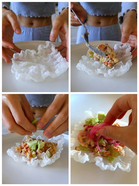 Crispy Rice Paper Cups with Chickpea Salad aka "Chuna" Rice Paper Cups, Rice Paper Appetizers, Crispy Rice Paper, Crunchy Rice Paper Rolls, Rice Paper Flower Chips, Fried Rice Paper Rolls Vegetarian, Vegan Crispy Rice Sushi, Rice Wrappers, Food For Eyes