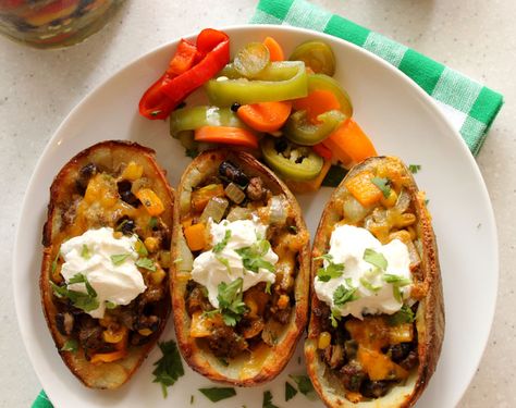 Robust Recipes | Taco-Stuffed Potato Skins | http://robustrecipes.com Stuffed Potato Skins, Potatoe Skins Recipe, Stuffed Potato, Open Fire Cooking, Potato Tacos, Salsa Recipes, Potato Skin, Fire Cooking, Taco Meat