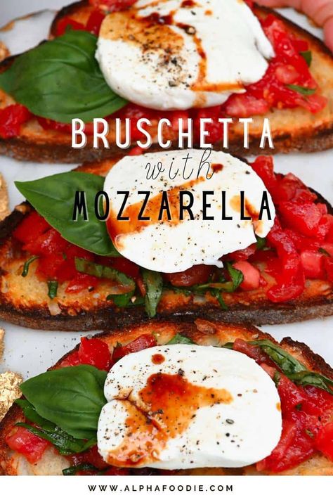 This mozzarella bruschetta is inspired by Caprese salad, combining tomato bruschetta with mozzarella over garlic-infused toasted bread for a simple, fresh, and delicious tomato, basil, mozzarella appetizer to impress this summer! Bruschetta With Mozzarella, Bruschetta Caprese, Mozzarella Bruschetta, Mozzarella Appetizers, Caprese Bruschetta, Caprese Appetizer, Recipes With Mozzarella Cheese, Tomato Appetizers, Tomato Basil Salad