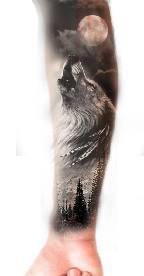 Wolf Wrist Tattoo, Trap Tattoos For Women, Wolf And Moon Tattoo, Rabe Tattoo, Pine Tattoo, Animal Sleeve Tattoo, Samurai Tattoo Design, Egypt Tattoo, Half Sleeve Tattoos For Guys