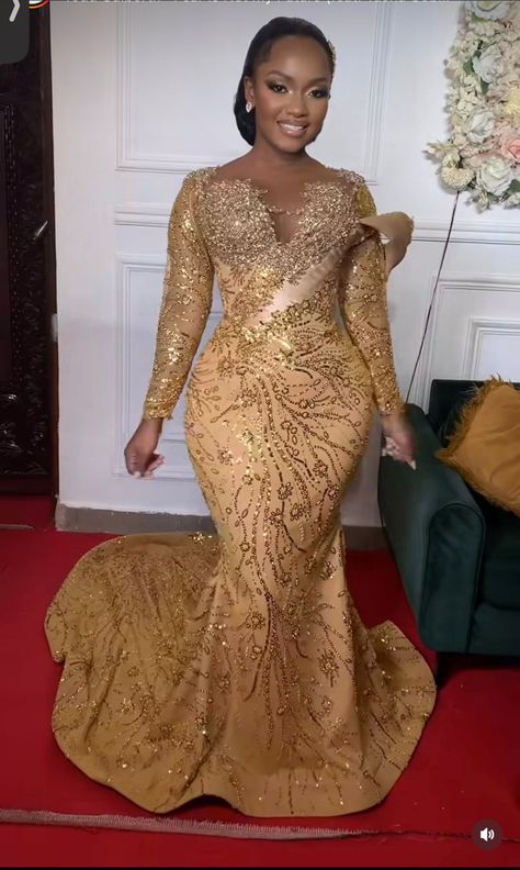 Lace Bridesmaid Dresses Nigerian Wedding, Gold Gowns Elegant Classy Wedding, Gold Lace Dresses Nigerian African Style, Gold Lace Styles, Reception Gown For Bride In Nigeria, Champagne Gold Lace Asoebi Styles, Changing Dresses For Brides, Gold Lace Asoebi Styles, Gold Gowns Elegant Classy