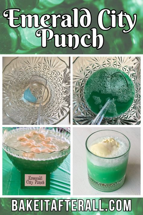 Emerald City Punch is the best drink for a Wizard of Oz Party! This non-alcoholic punch is great for a kid's birthday party. #emeraldcitytheme #emeraldcitytheme #emeraldcityparty #emeraldcitywizardofoz #emeraldcitypunch #emeraldcitypunchrecipe #wizardofozpartyideas #wizardofozpartyfood #wizardofozpartyideasfood #wizardofozpunch #wizardofozpunchrecipe #greenpunch #greenpunchrecipe #greenpunchrecipesnonalcoholic #greenpunchforbabyshowerrecipe #greenpunchforkids #greenpunchrecipeforkids #greenpunch Wicked Inspired Snacks, Wicked Watch Party Food, Wicked Movie Food Ideas, Wizard Of Oz Drinks, Wicked Musical Party Ideas, Wizard Of Oz Dinner Party, Green Punch Recipe For Kids, Wicked Inspired Food, Leprechaun Birthday Party