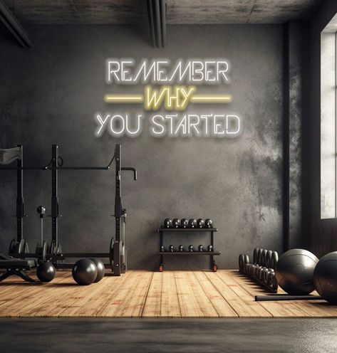 Fuel your gym-goers' motivation with our 'Remember Why You Started' LED Neon Sign. Perfect for reminding everyone of their initial fitness goals and the reason behind their journey. An essential for gyms aiming to encourage perseverance and consistency in their members. Or an ideal accessory for home offices, personal gyms or any space dedicated to achieving dreams. A must...#for #InteriorDesign #HomeInspiration #Ideas #Creating #Mini #Gym #Workout #Your #Home #DecorTips #Spaces #Compact #Own Gym Interiors Modern, Gym Closet Ideas, Gym Wall Ideas Interior Design, Gym Studio Ideas, Industrial Gym Design Ideas, Gym Neon Sign Fitness, Aesthetic Gym Design, Neon Signs For Gym, Warehouse Gym Design Industrial Style