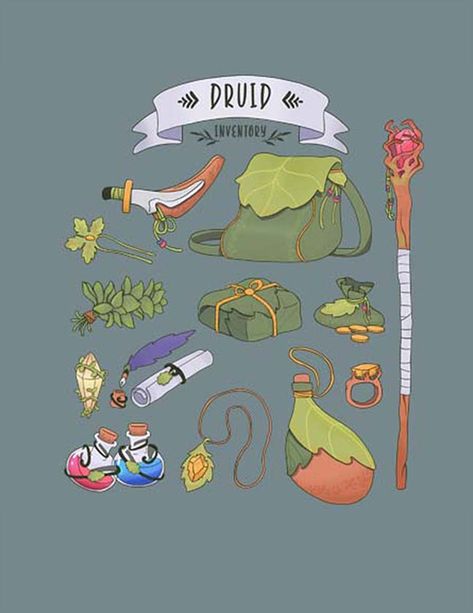 Druid Academia, D D Character Ideas Druid, Druid Staff Design, Druid Aesthetic Clothing Dnd, Druid Magic Items, Dnd Bag Drawing, Druid Accessories, Druid Quarterstaff, Dnd Druid Staff